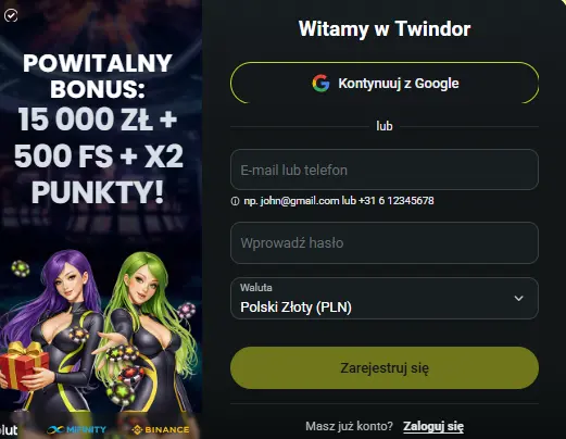 Rejestracja i logowanie w Twindor Casino – formularz konta, e-mail, telefon lub Google